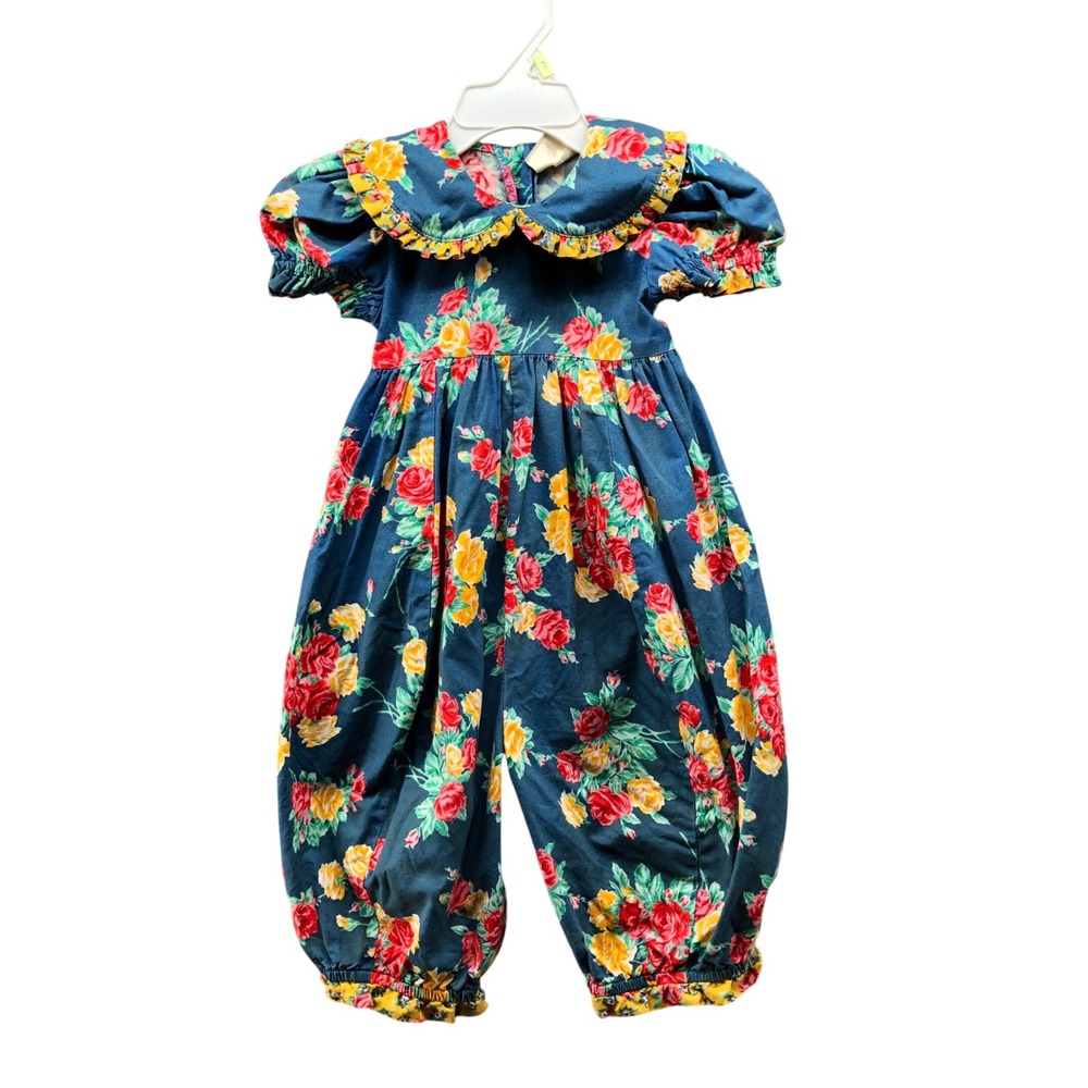 Vintage Mousefeathers Baby Girls 12M Floral Romper Peter Pan Collar Ruffle Blue